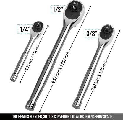 Set de Llaves de Trinquete PHIRAH 3 Piezas 1/2" – 3/8" – 1/4" | 72 Dientes, Quick Release, Reversible, Mango Ergonómico – Ideal Hogar, Taller y Reparación Automotriz