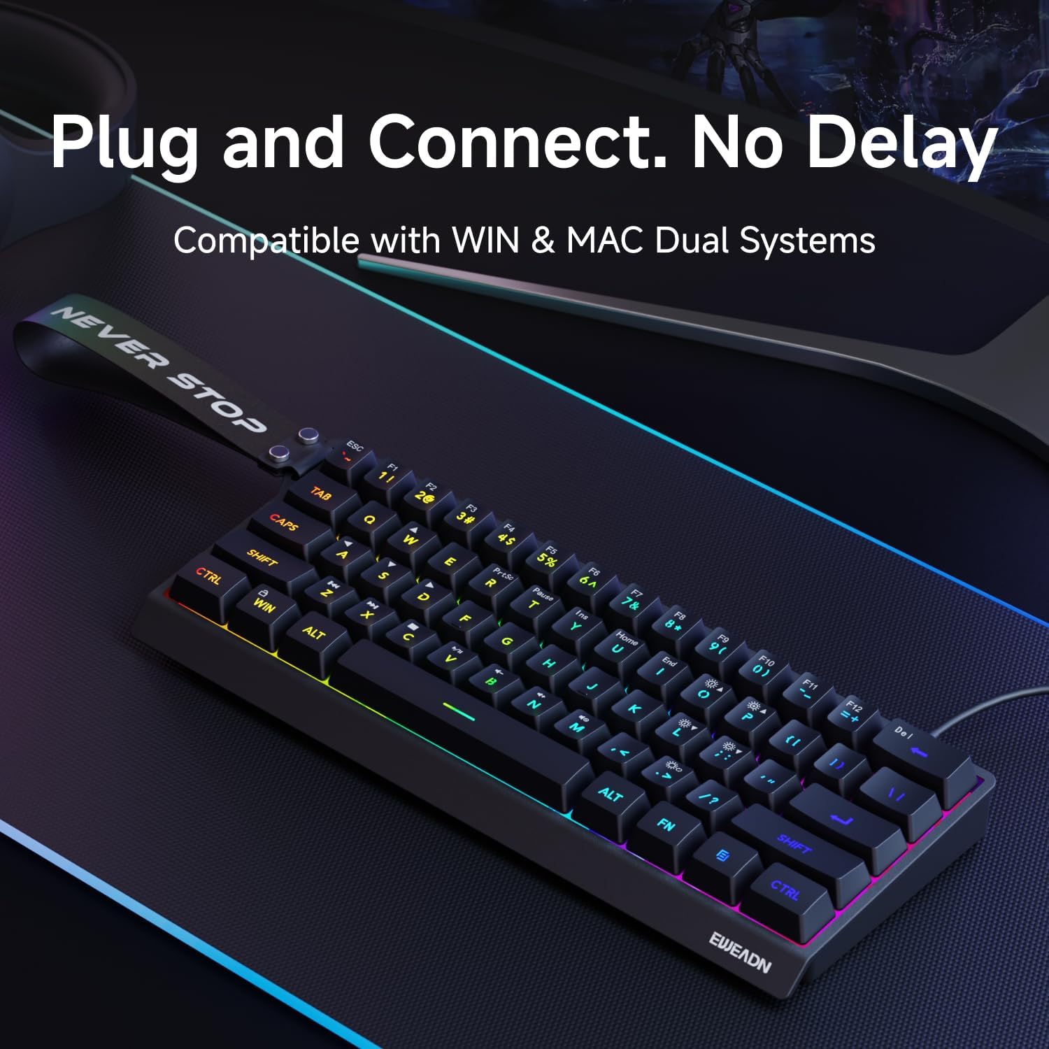 Teclado con cable al 60% | Retroiluminado RGB | Con teclas PBT | Diseño compacto | Con cable con cordón para Mac/Win | Color: Negro