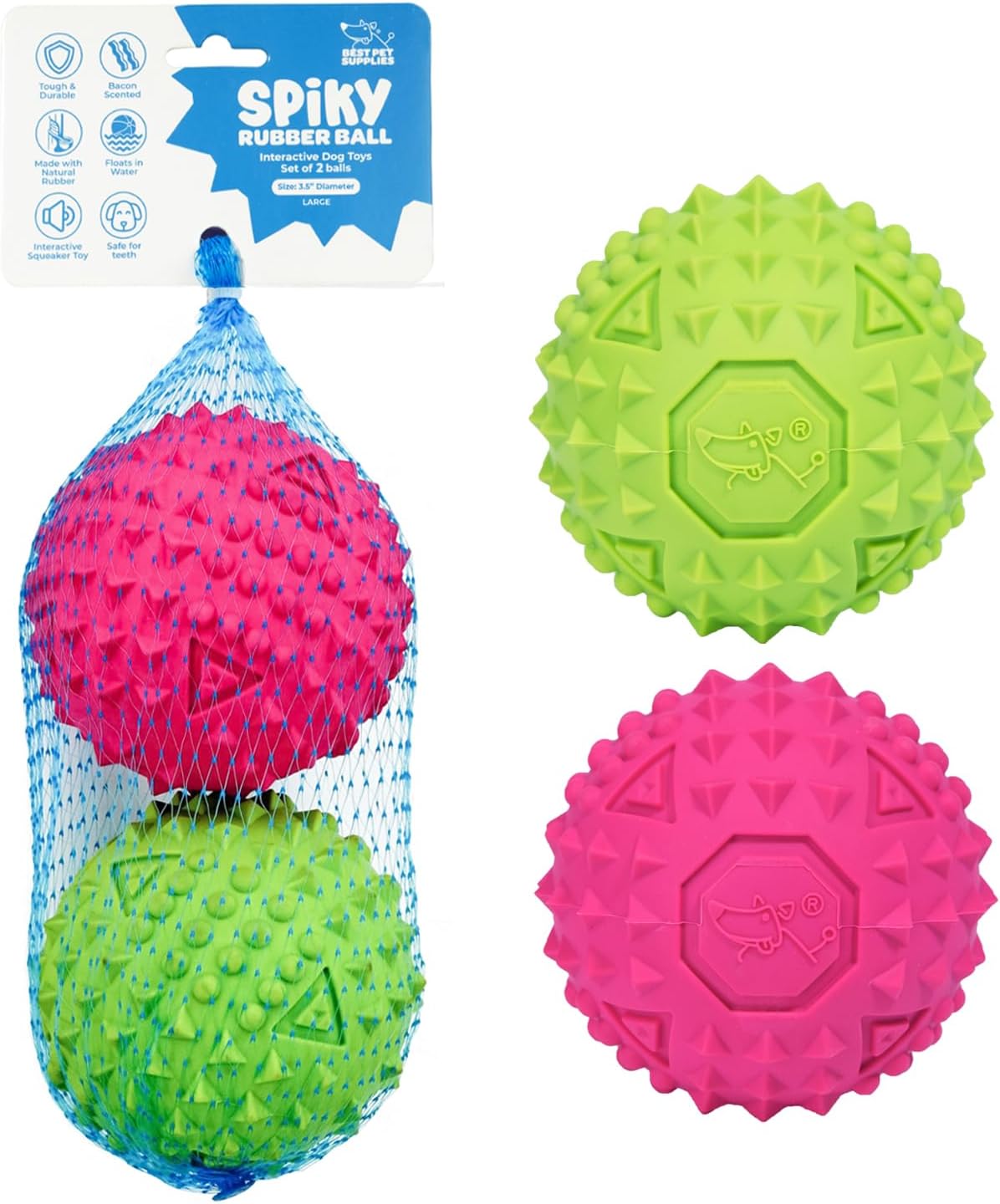 Best Pet Supplies Juguete Resistente para Perros Masticadores Agresivos | Pelota con Sonido, Caucho No Tóxico con Púas Dentales | Fucsia 3.5”