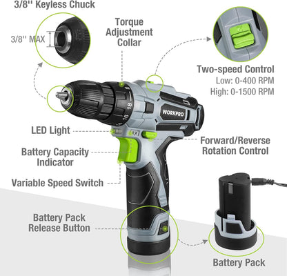Taladro Atornillador Inalámbrico WORKPRO 12V, 2 Velocidades, 18+1 Embrague, Mandril 3/8" Sin Llave, Kit con Batería, Cargador, Brocas y Bolsa de Transporte