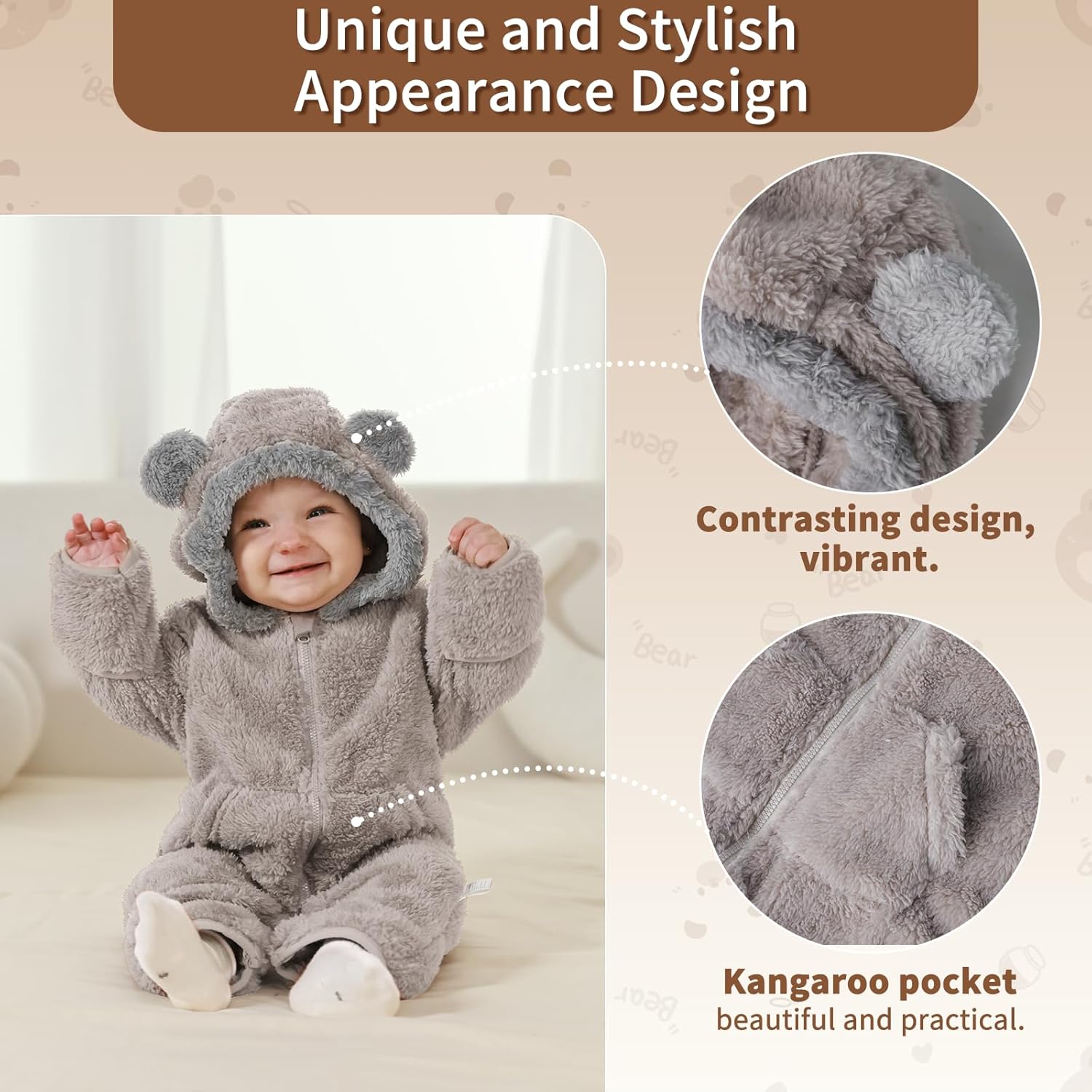 Traje de Oso para Bebé Recién Nacido con Mitones Plegables y Patucos para Niñas y Niños Ropa de Invierno de Vellón con Capucha Mameluco Traje de Nieve