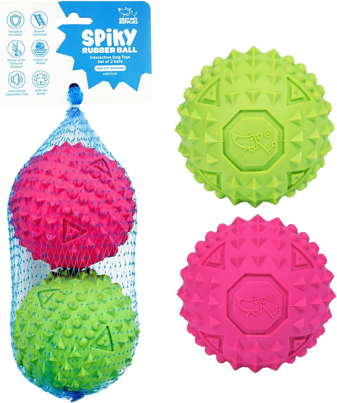Best Pet Supplies Juguete Resistente para Perros Masticadores Agresivos | Pelota con Sonido, Caucho No Tóxico con Púas Dentales | Fucsia 3.5”