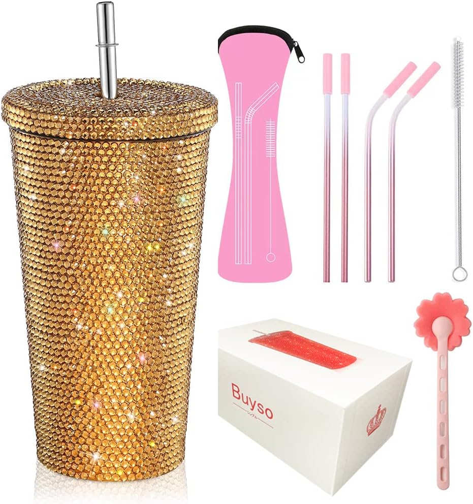 Vaso térmico con diamantes de imitación con tapa | 500 ml | Aislado de acero inoxidable con diamantes de imitación de primera calidad | Color: Dorado