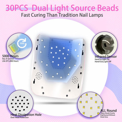 Lámpara de uñas LED UV inalámbrica recargable | 72 W | 5 ajustes de temporizador | Profesional de secado rápido con pantalla | Diamantes rosa