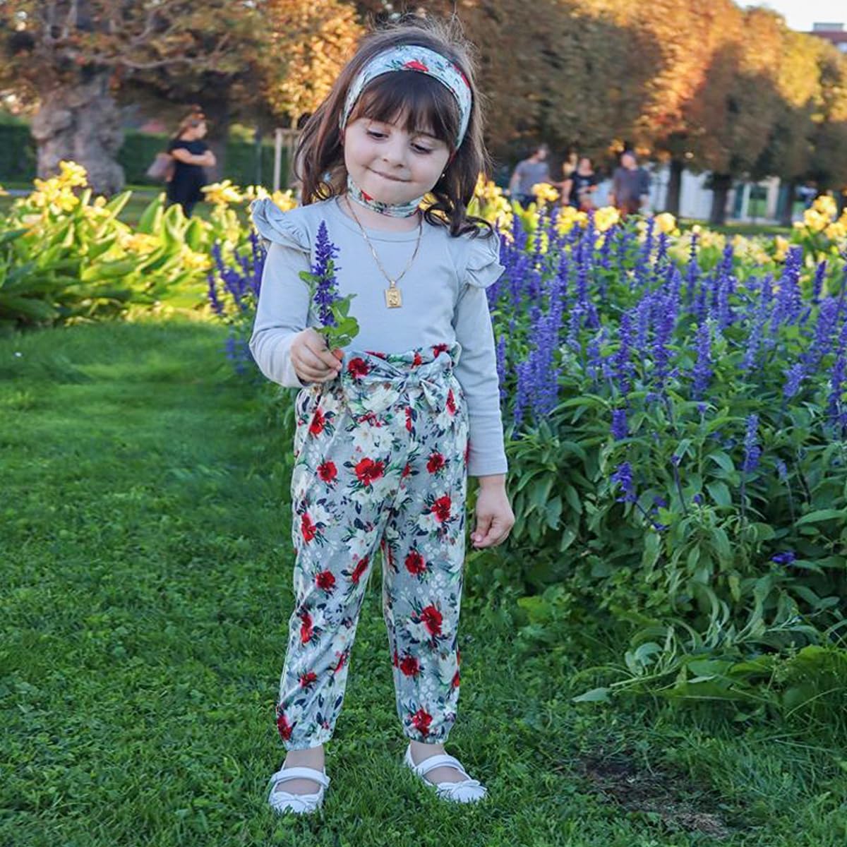 3 piezas de ropa para niña, color liso, manga larga, con volantes, pantalones florales y diadema, 1-6 años, conjunto de otoño/invierno