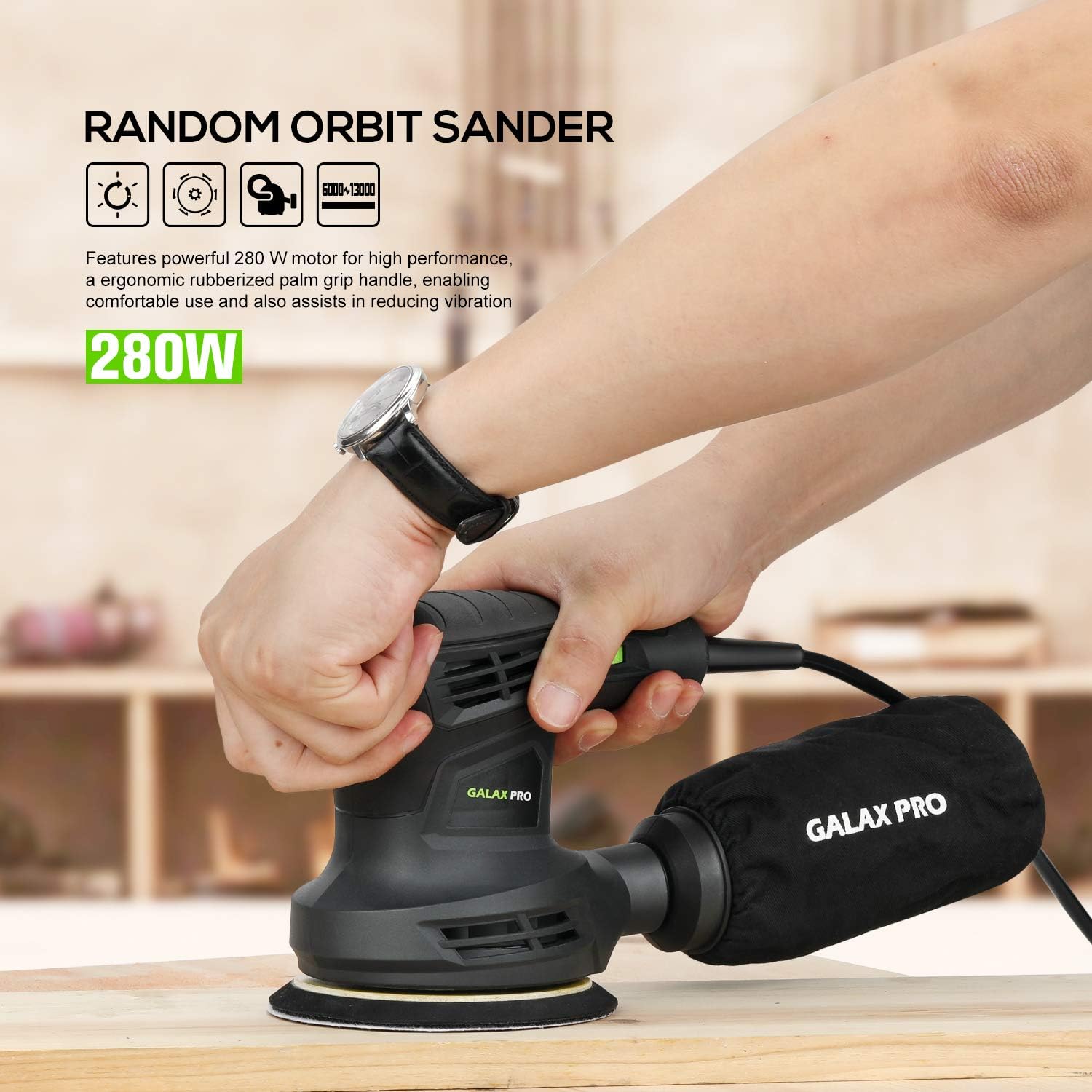 Lijadora Orbital 280W, 13.000 OPM con 6 Velocidades Variables – Lijadora Eléctrica de 5” con Colector de Polvo y 15 Discos de Lija – Para Madera, Metal y Plástico