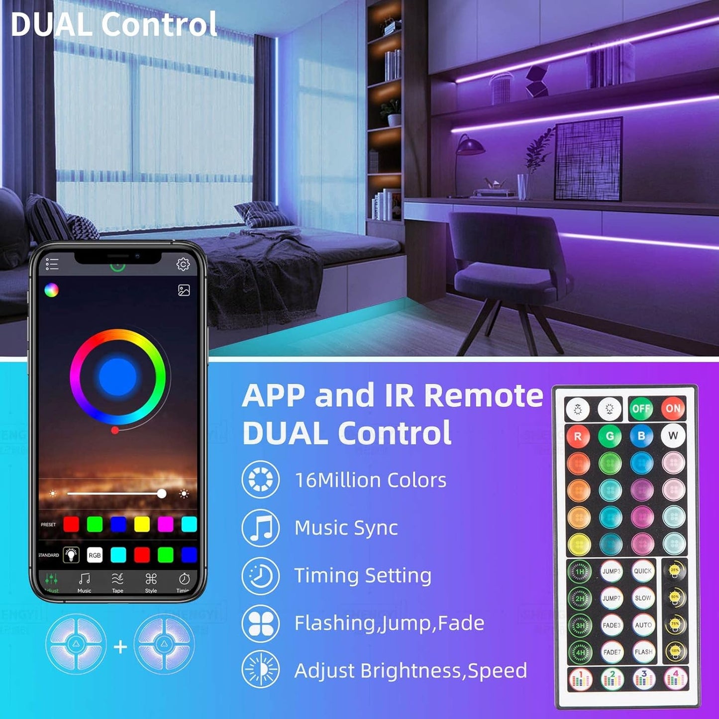 Tira LED 100FT RGB con Control por App y Control Remoto, Luces LED con Sincronización Musical, Temporizador y Adhesivo Fácil de Instalar – Decoración para Habitación, Sala y Fiestas