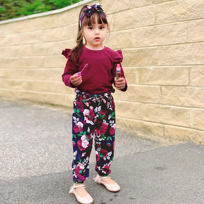 3 piezas de ropa para niña color liso | Manga larga + Pantalones florales + diadema | 1-6 años | conjunto de otoño/invierno