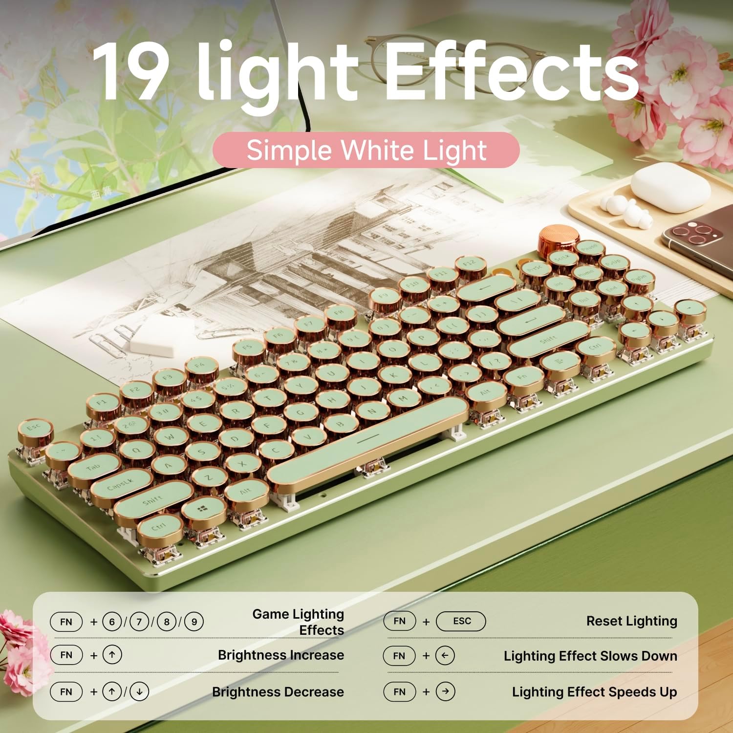 Teclado inalámbrico | 104 teclas estilo máquina de escribir mecánico con retroiluminación blanca | Perilla multimedia | Bluetooth/USB-C | Color: Verde