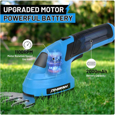 PHIRAH Cortasetos y Tijera de Césped Inalámbrica 7.2V 2 en 1 | Mini Podadora Recargable con Batería 2000mAh y Cargador USB – Para Arbustos, Bordes de Césped y Jardinería