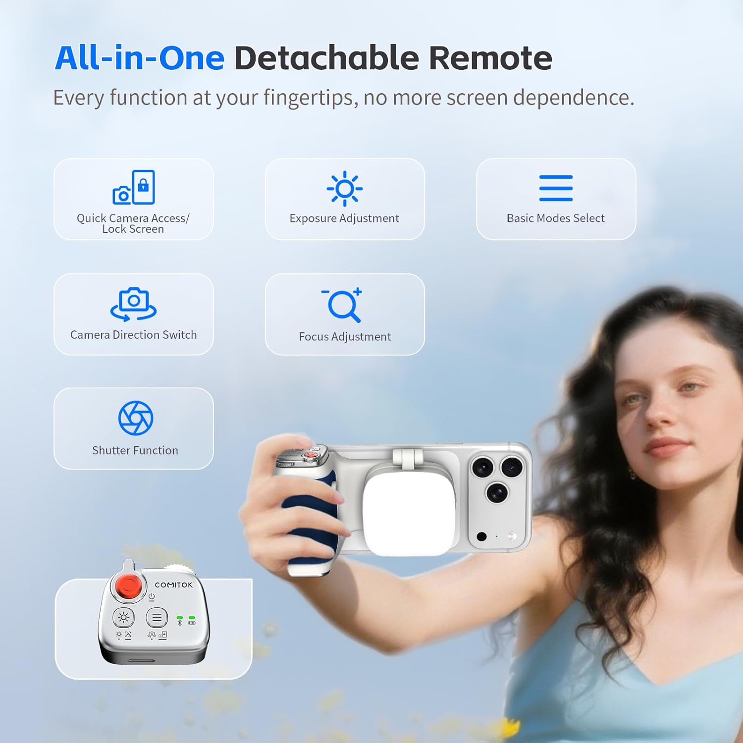 Accesorio para filmar | UGC | Compatible con iOS17 e iOS18 | Agarre magnético con control remoto | Color Azul