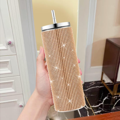 Vaso con sorbete | Diamantes dorados | Acero inoxidable de 591 ml