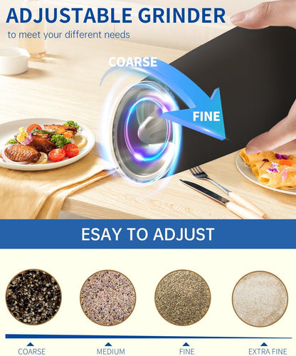 Set de Molinillos Eléctricos de Sal y Pimienta Automáticos con Luz LED, Ajuste de Grosor y Gran Capacidad – Operación por Gravedad, Cocina y BBQ