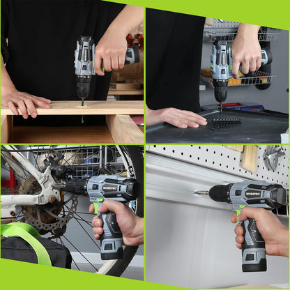 Taladro Atornillador Inalámbrico WORKPRO 12V, 2 Velocidades, 18+1 Embrague, Mandril 3/8" Sin Llave, Kit con Batería, Cargador, Brocas y Bolsa de Transporte