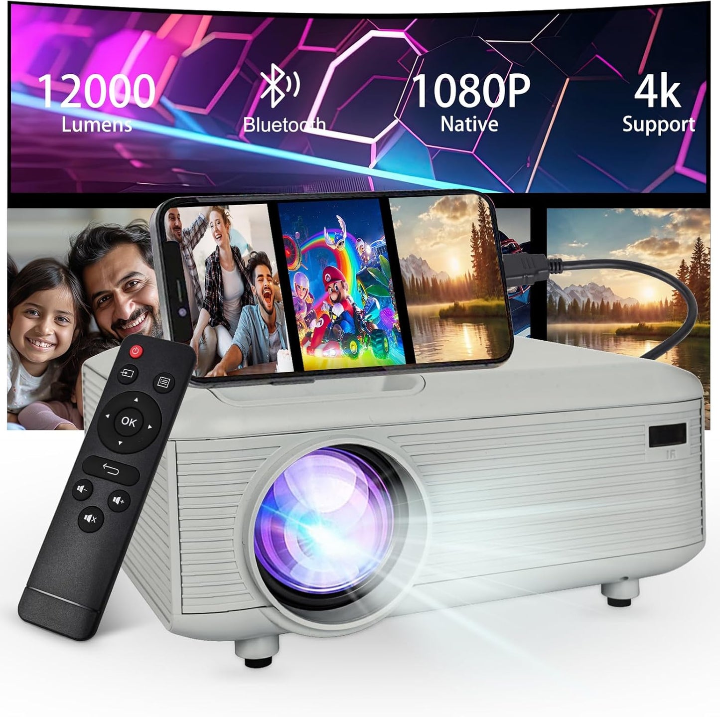 Mini Proyector Bluetooth 1080P Nativo con Cable HDMI Incluido | Compatible con 4K, Android/iPhone/TV Stick/Laptop/PS5