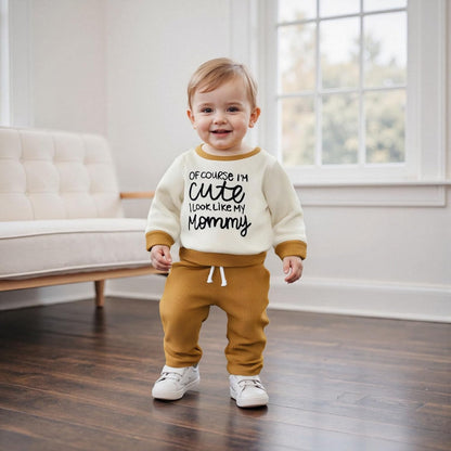 Conjunto de 2 piezas de ropa para bebé y niño, sudadera con cuello redondo con letras y pantalones casuales de otoño e invierno