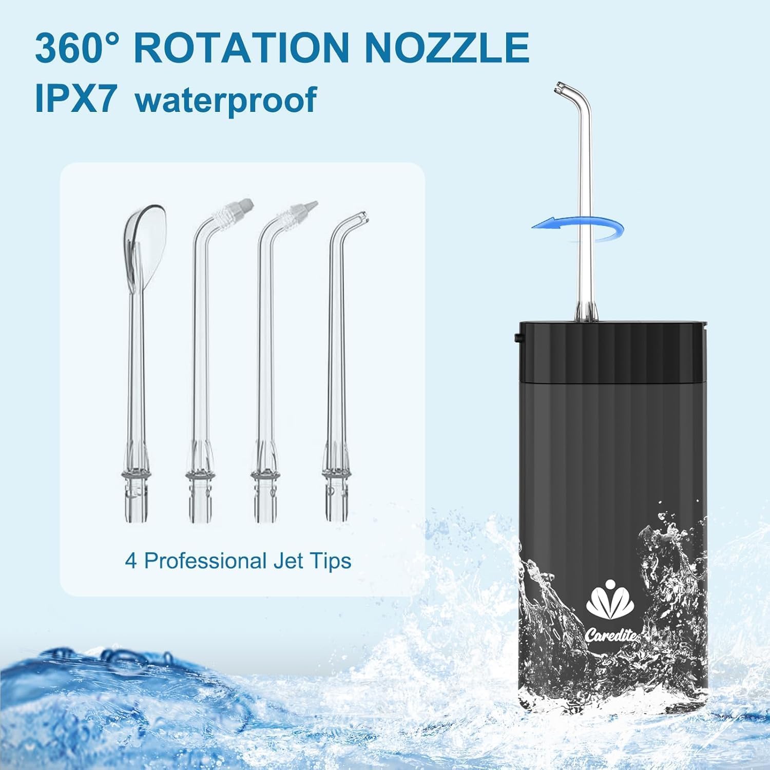 Irrigador Dental Portátil Caredite – Mini Water Flosser Recargable con Tanque Extensible, 3 Modos, 4 Boquillas, USB-C, IPX7 Resistente al Agua – Ideal para Viajes, Brackets y Encías Sensibles (Negro)