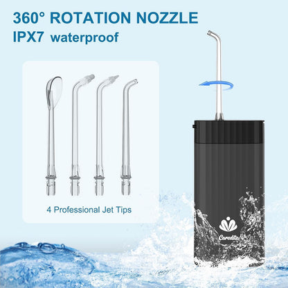 Irrigador Dental Portátil Caredite – Mini Water Flosser Recargable con Tanque Extensible, 3 Modos, 4 Boquillas, USB-C, IPX7 Resistente al Agua – Ideal para Viajes, Brackets y Encías Sensibles (Negro)