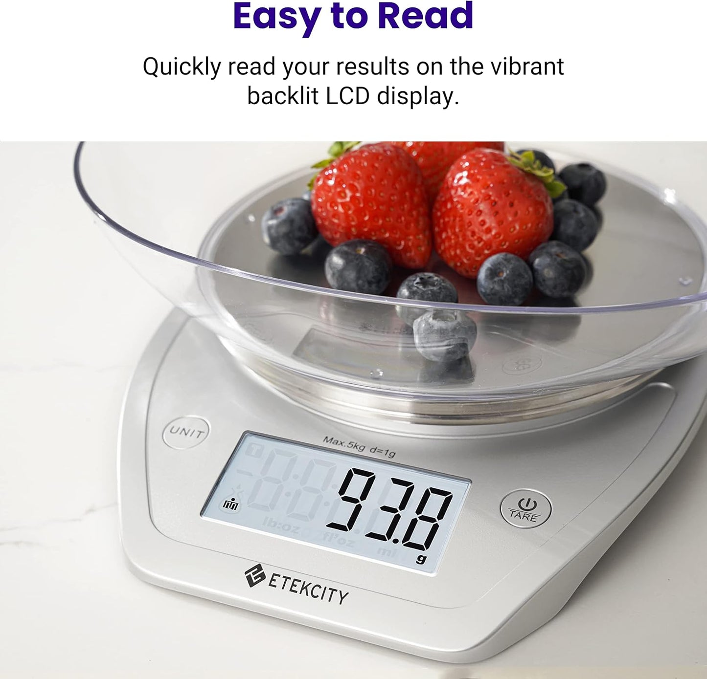 Báscula de Cocina Digital Etekcity 0.1g con Bowl – Acero Inoxidable, 11lb/5kg – Gramos y Onzas para Repostería, Cocina, Dieta y Preparación de Comidas
