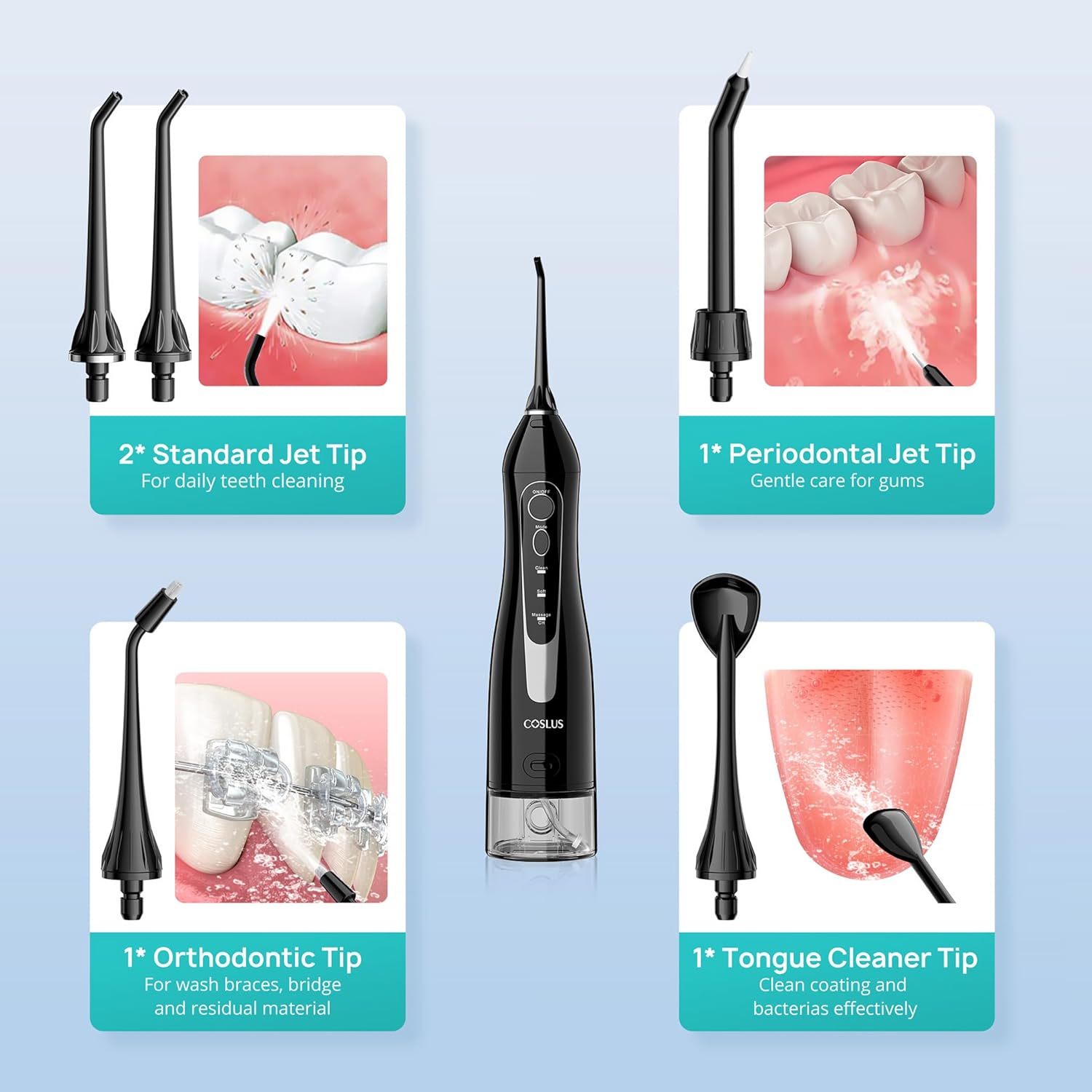 COSLUS Irrigador Dental Portátil – 300ML Flosser Eléctrico Recargable, 3 Modos & 5 Boquillas, Batería de 30 Días, Resistente al Agua IPX7 para Limpieza Dental y Salud de las Encías (Negro)