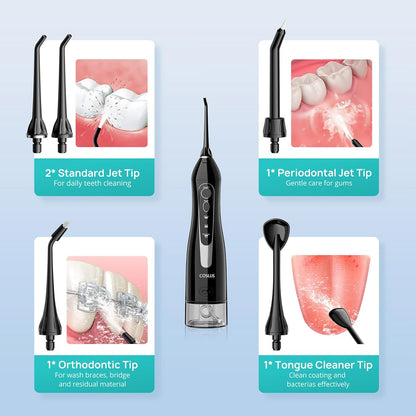 COSLUS Irrigador Dental Portátil – 300ML Flosser Eléctrico Recargable, 3 Modos & 5 Boquillas, Batería de 30 Días, Resistente al Agua IPX7 para Limpieza Dental y Salud de las Encías (Negro)