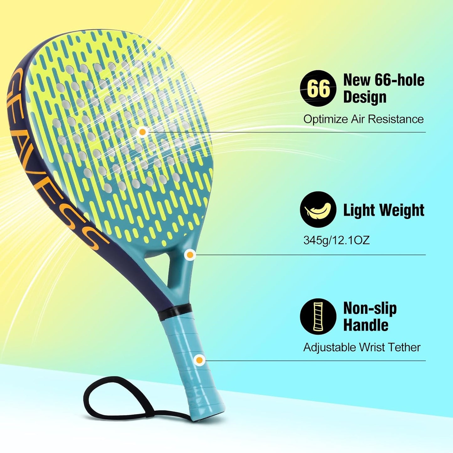 Padel Racket Carbon and Fiberglass Surface and EVA Memory Foam Core for Kids, Junior, Adult