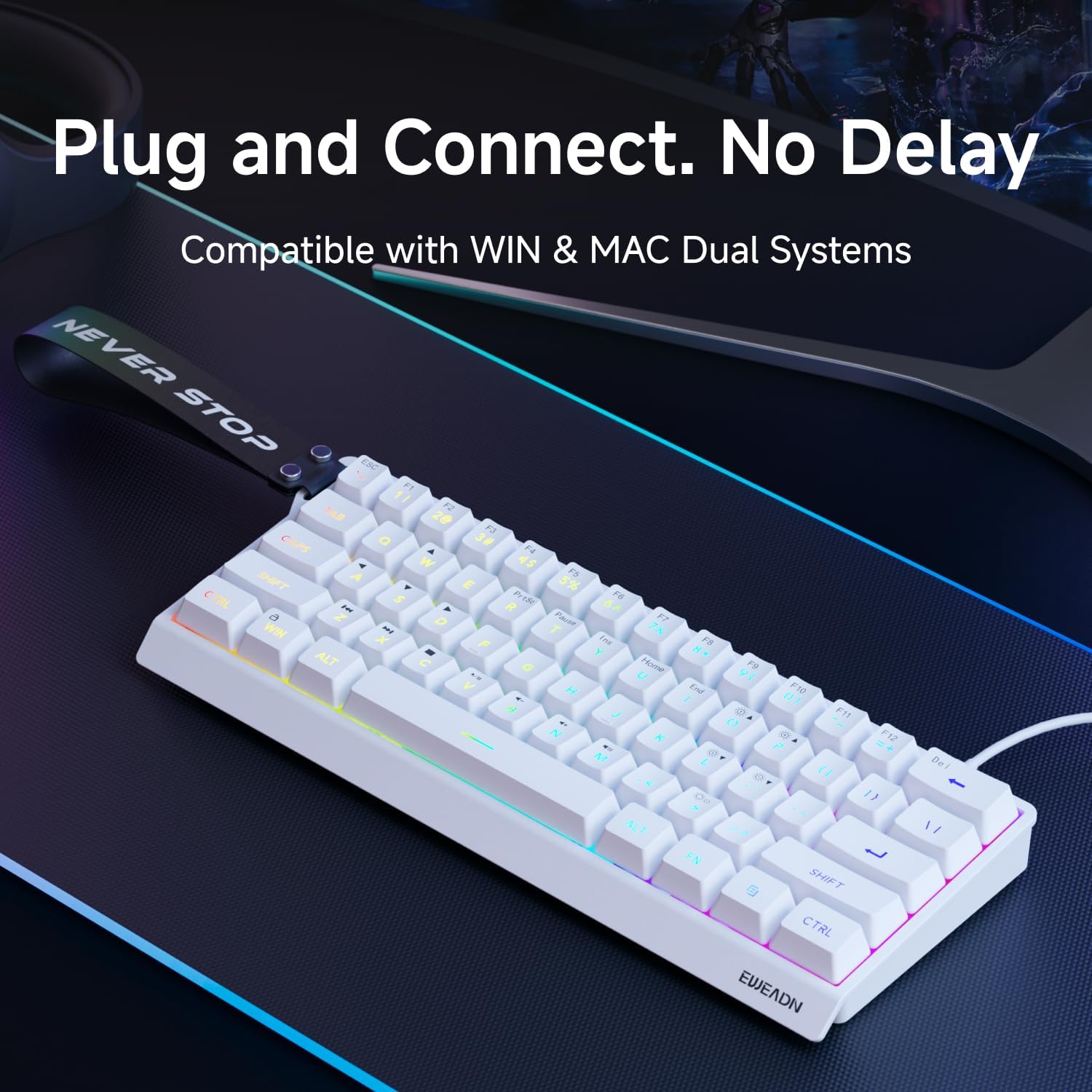 Teclado con cable al 60% | Retroiluminado RGB | Con teclas PBT | Diseño compacto | Con cable con cordón para Mac/Win | Color: Blanco