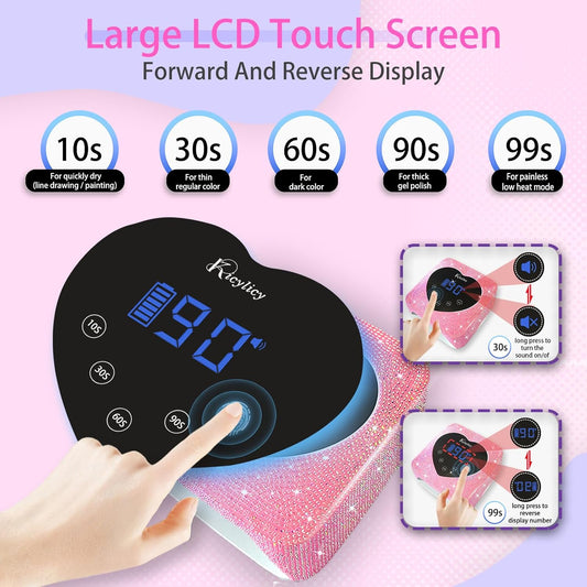 Lámpara de uñas LED UV inalámbrica recargable | 72 W | 5 ajustes de temporizador | Profesional de secado rápido con pantalla | Diamantes rosa