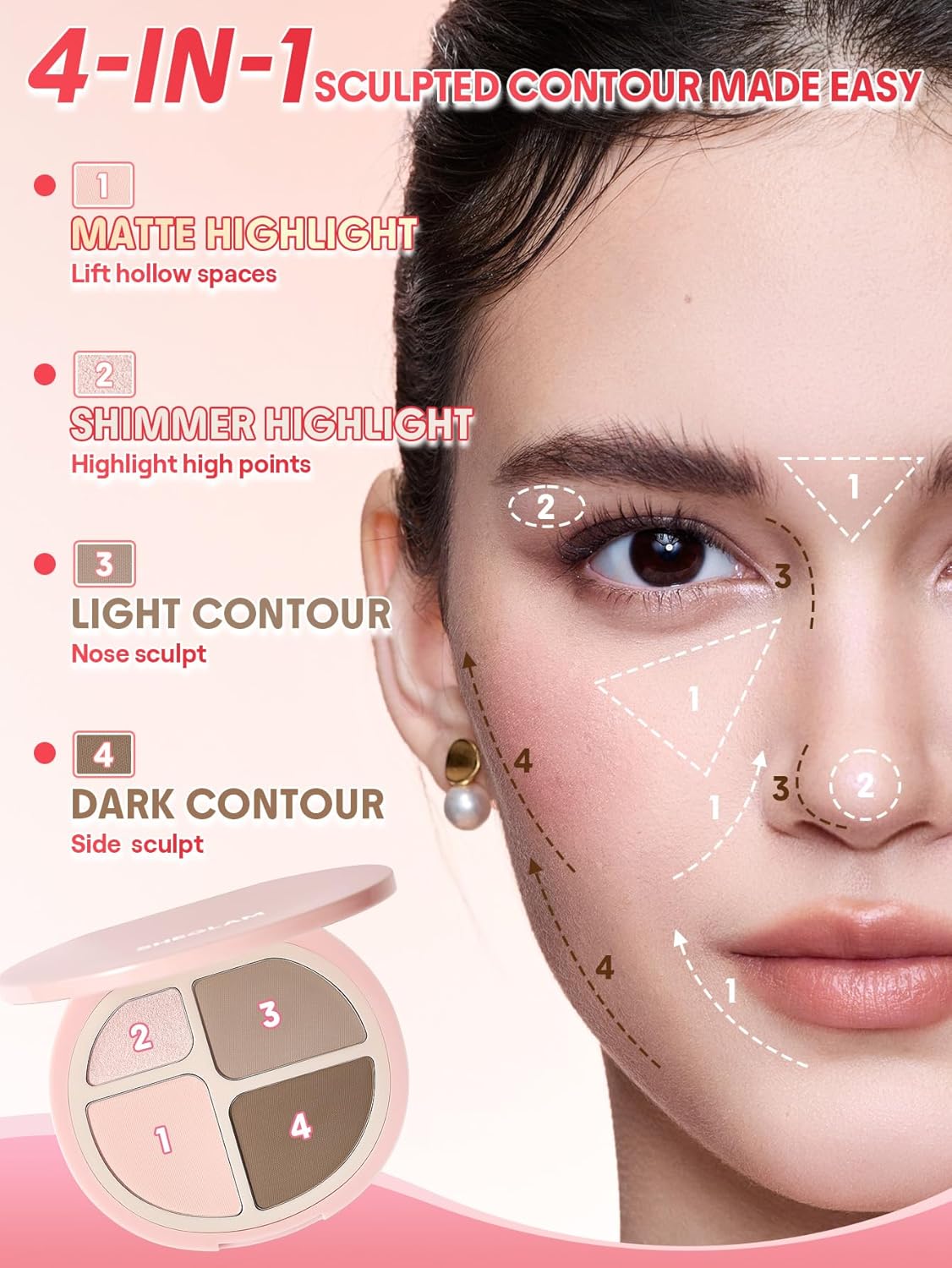 Paleta de resaltado y contorno de 4 tonos 2 en 1 | Iluminador facial brillante y contorno mate | Frio