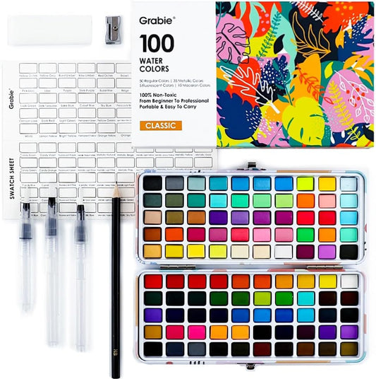 Juego de acuarelas de 100 colores | 50 regulares, 35 metálicos, 10 pasteles y 5 colores fluorescentes | Estuche de transporte | Bolígrafos de cepillo de agua y accesorios