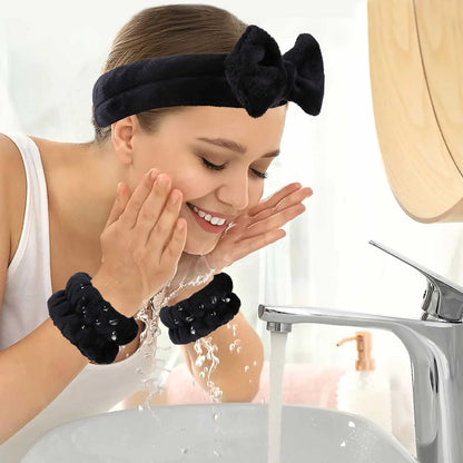 Diademas de maquillaje - 1 diadema de spa negra +  2 muñequeras absorbentes 