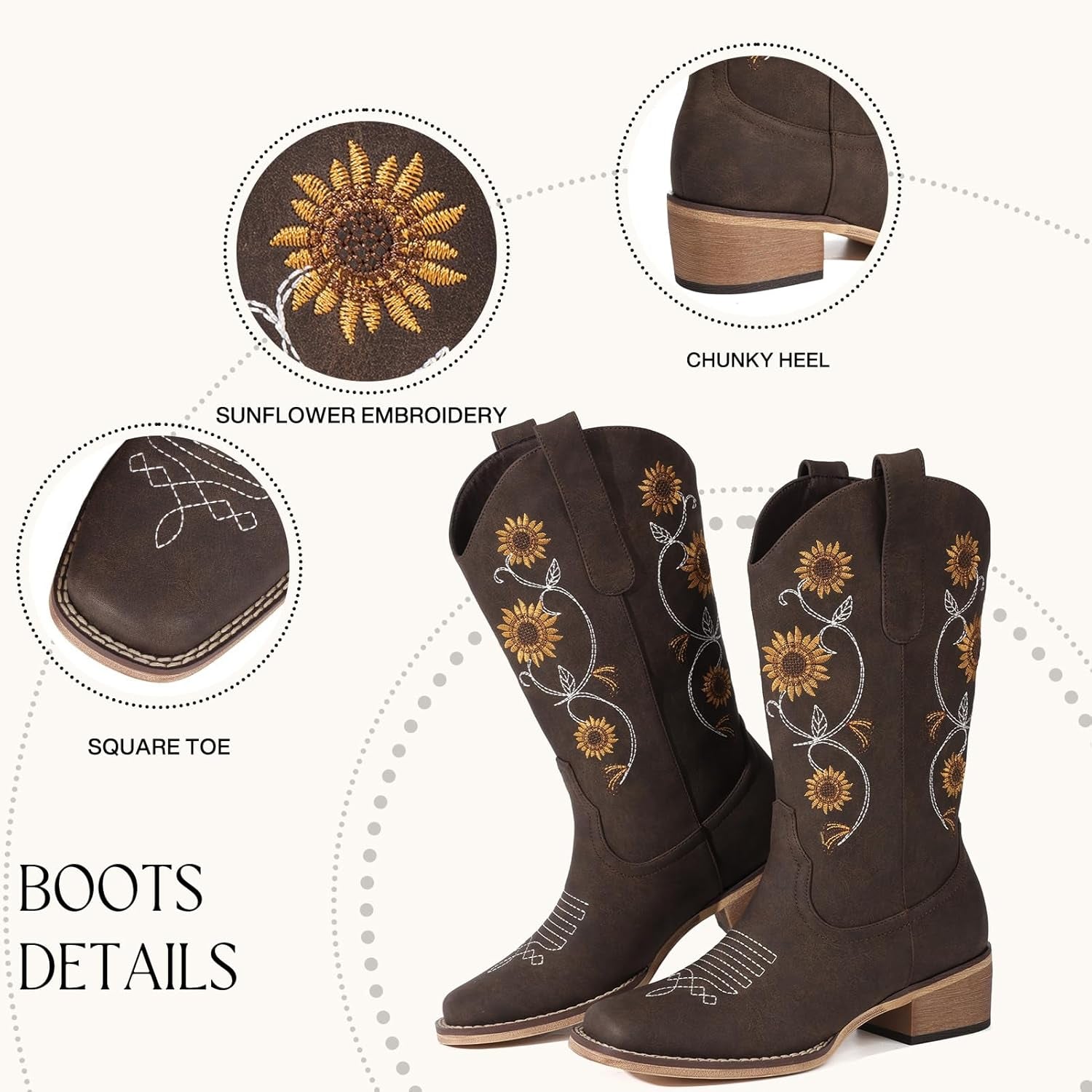 Botas vaqueras de girasol | Media pantorrilla | Bordado floral | Punta cuadrada cosida | Color: Marrón