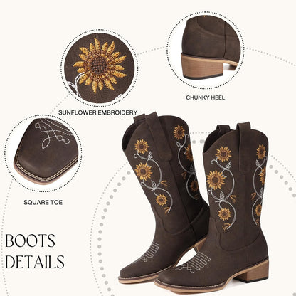 Botas vaqueras de girasol | Media pantorrilla | Bordado floral | Punta cuadrada cosida | Color: Marrón