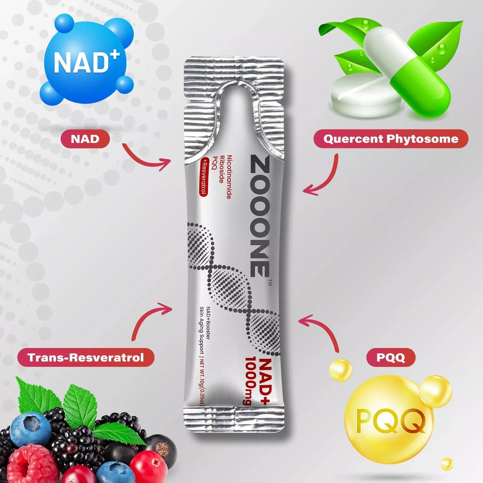 NR1000 – Suplemento Bebible con Sabor Berry | Antienvejecimiento, Energía y Enfoque Mental (30 sobres)