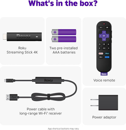 Roku Streaming Stick 4K | Resolución 4K, HDR10+ y Dolby Vision | Wi-Fi de Largo Alcance + Control por Voz | +500 Canales Gratis y Apps como Netflix, Disney+ y más