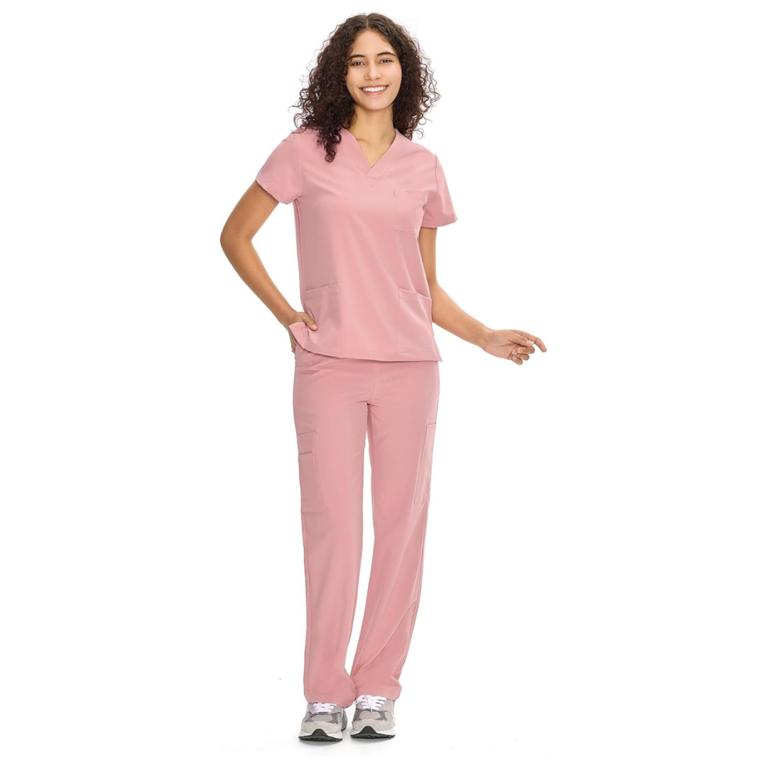 Set Uniforme Médico | Camiseta con Cuello en V y Pantalones de Pierna Recta con Bolsillos | Ropa de Trabajo Unisex | Color: Rosa
