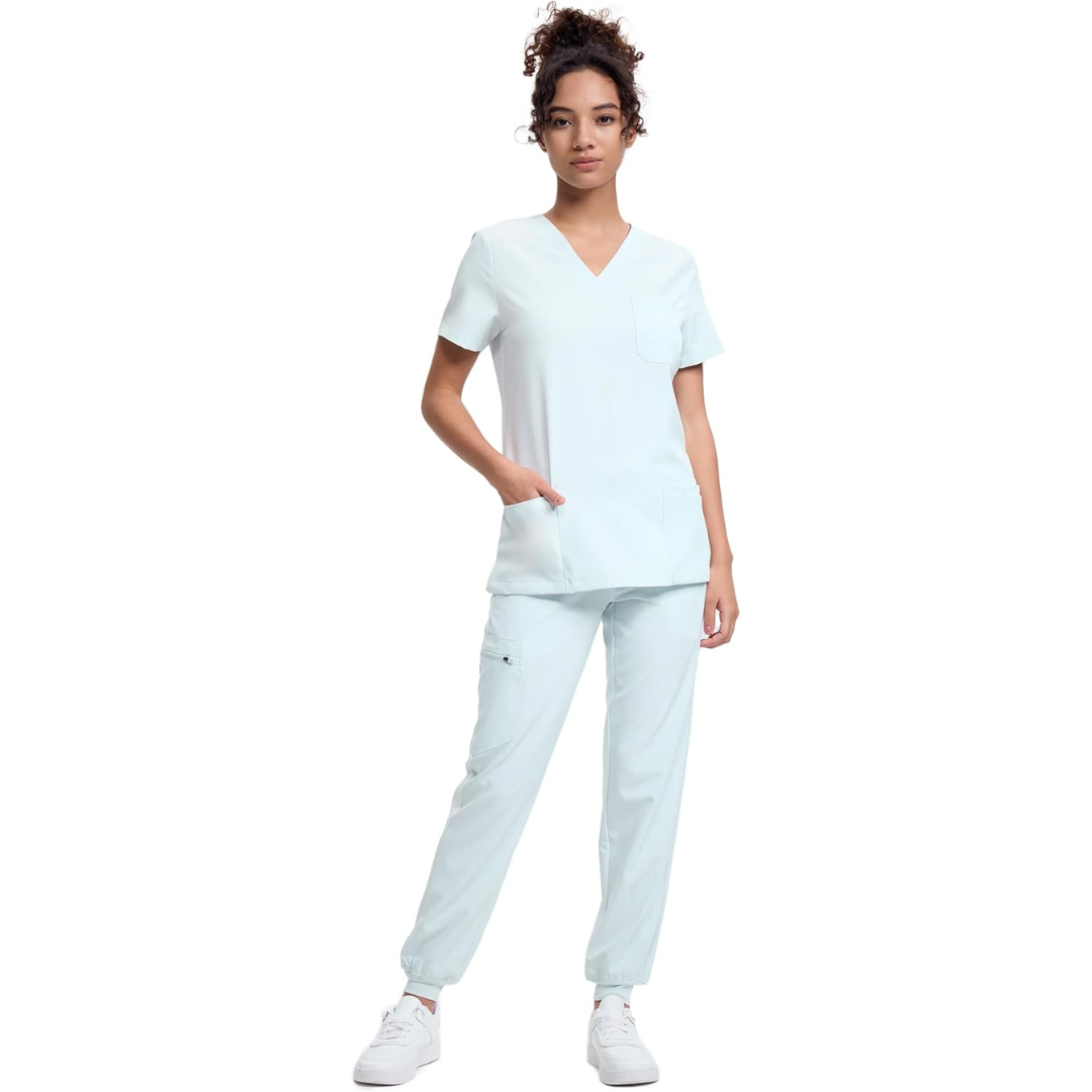 Ropa quirúrgica para mujer | Camiseta con cuello en V y pantalones cargo | Conjunto de ropa quirúrgica con 10 bolsillos, cintura de yoga, elástico en 4 direcciones