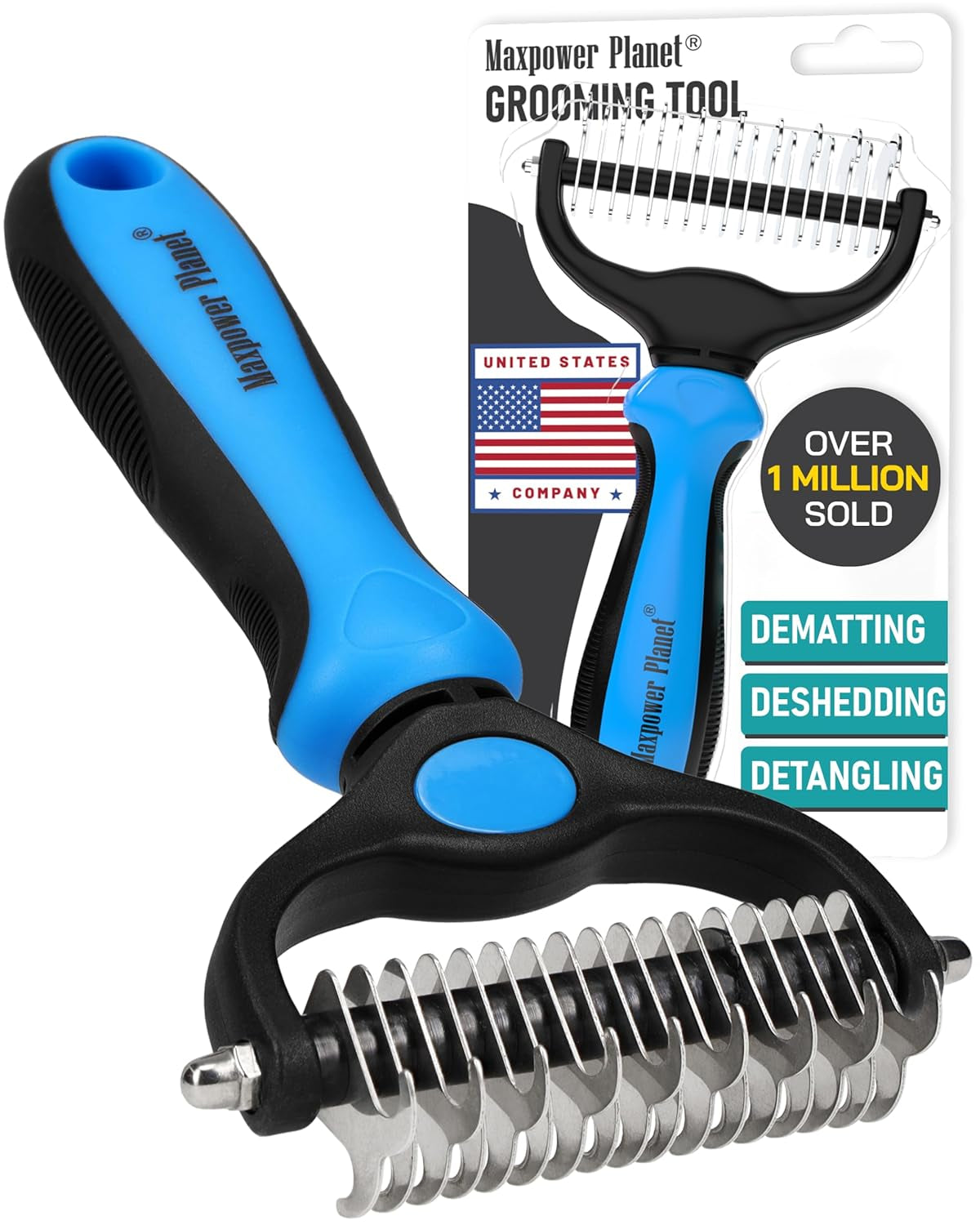 Maxpower Planet Rastrillo de Aseo para Mascotas | Herramienta 2 en 1 Deslanado & Desenredado | Cepillo Profesional para Perros y Gatos de Pelo Largo y Doble Capa – Reduce la Muda hasta un 95%