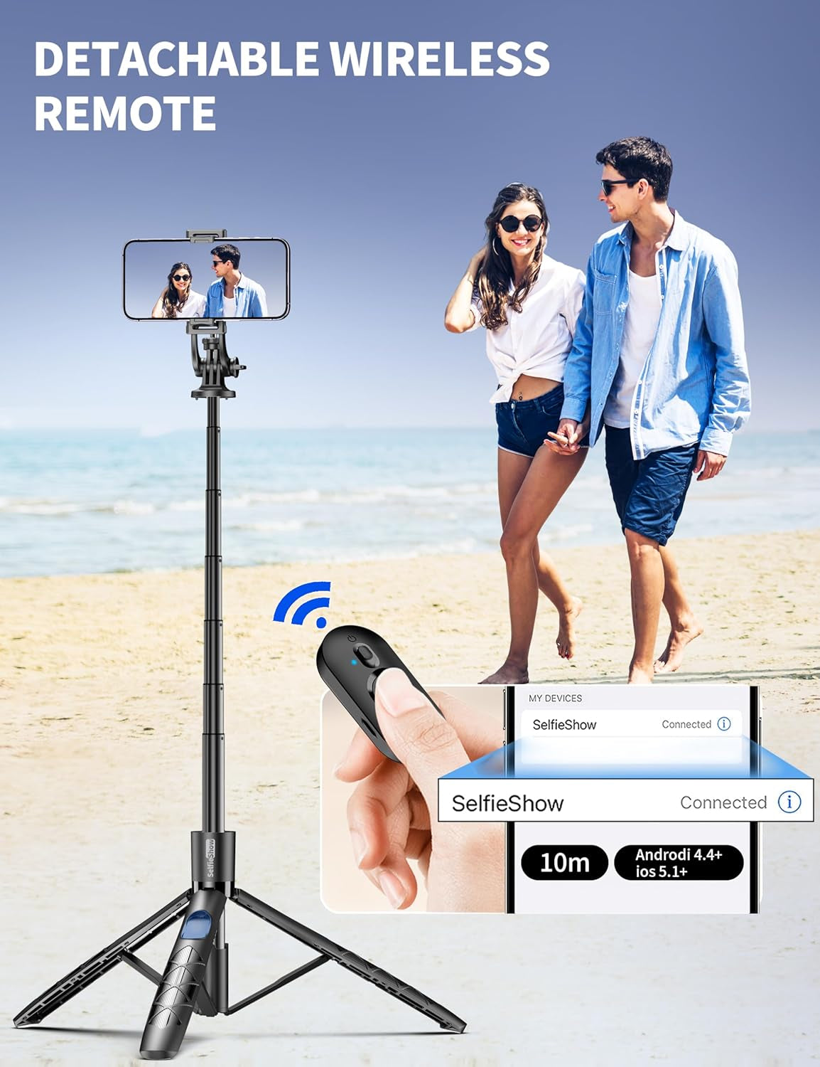 Trípode de Celular de Aluminio 71" con Control Remoto — Selfie Stick 2-en-1, Extensible, Rotación 360°, Compatible iPhone 15/14/13/Android/Cámara