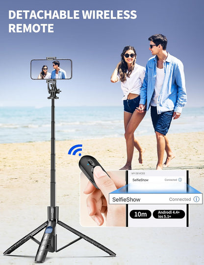 Trípode de Celular de Aluminio 71" con Control Remoto — Selfie Stick 2-en-1, Extensible, Rotación 360°, Compatible iPhone 15/14/13/Android/Cámara