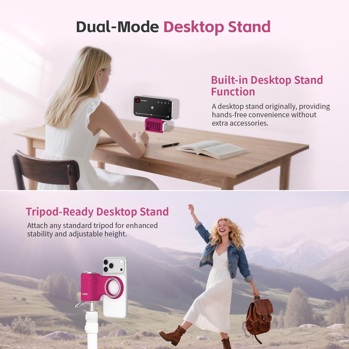 Accesorio para filmar | UGC | Compatible con iOS17 e iOS18 | Agarre magnético con control remoto | Color Fucsia