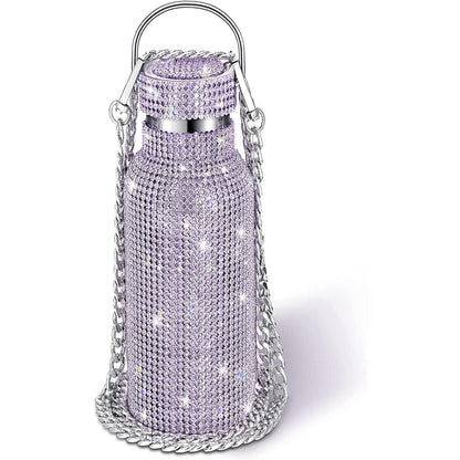 Botella térmica con diamantes de imitación con tapa | 750 ml | Aislado de acero inoxidable con diamantes de imitación de primera calidad | Color: Morado