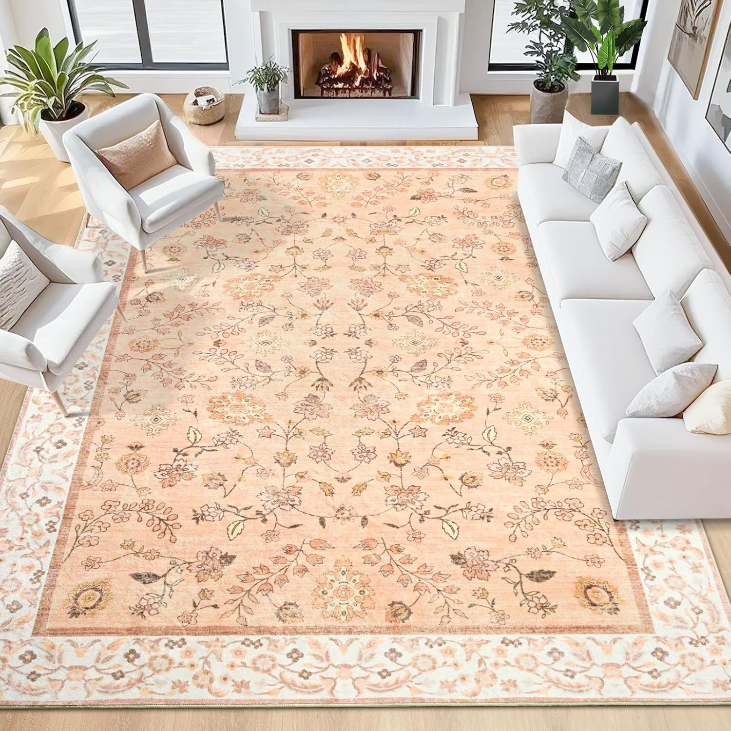 Alfombra floral lavable naranja de 4 x 6 pulgadas | suave, de pelo bajo | Antideslizante para interiores