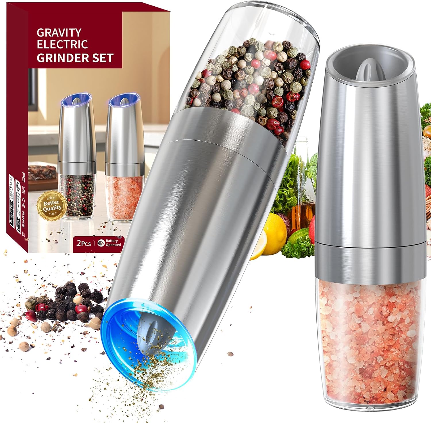 Set de Molinillos Eléctricos de Sal y Pimienta Automáticos con Luz LED, Ajuste de Grosor y Gran Capacidad – Operación por Gravedad, Cocina y BBQ
