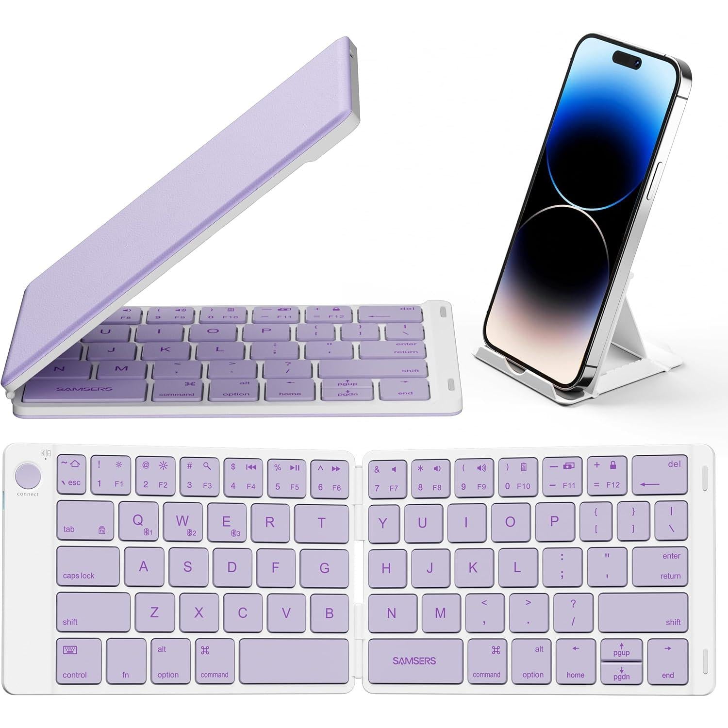 Teclado plegable Bluetooth | Tamaño completo | Ultra delgado Recargable | Conecta iOS, Android, Windows, teléfono | Color: Violeta
