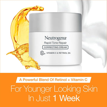 Neutrogena Crema hidratante facial Rapid Tone Repair Retinol + vitamina C, corrector de manchas oscuras, crema facial antienvejecimiento para un tono uniforme, 1.7 onzas + limpiador facial Hydro Boost