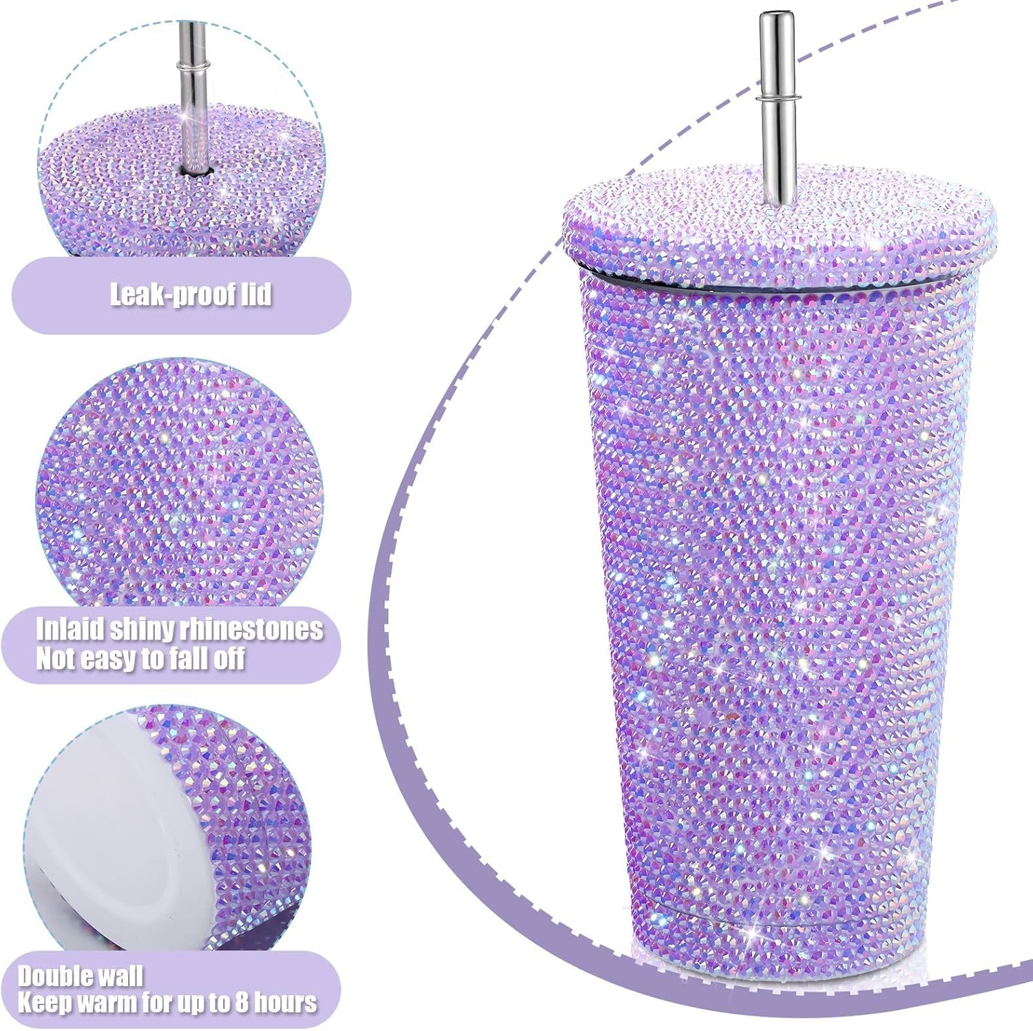 Vaso térmico con diamantes de imitación con tapa | 500 ml | Aislado de acero inoxidable con diamantes de imitación de primera calidad | Color: Lila