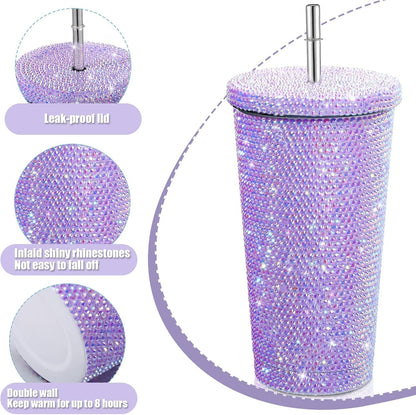 Vaso térmico con diamantes de imitación con tapa | 500 ml | Aislado de acero inoxidable con diamantes de imitación de primera calidad | Color: Lila