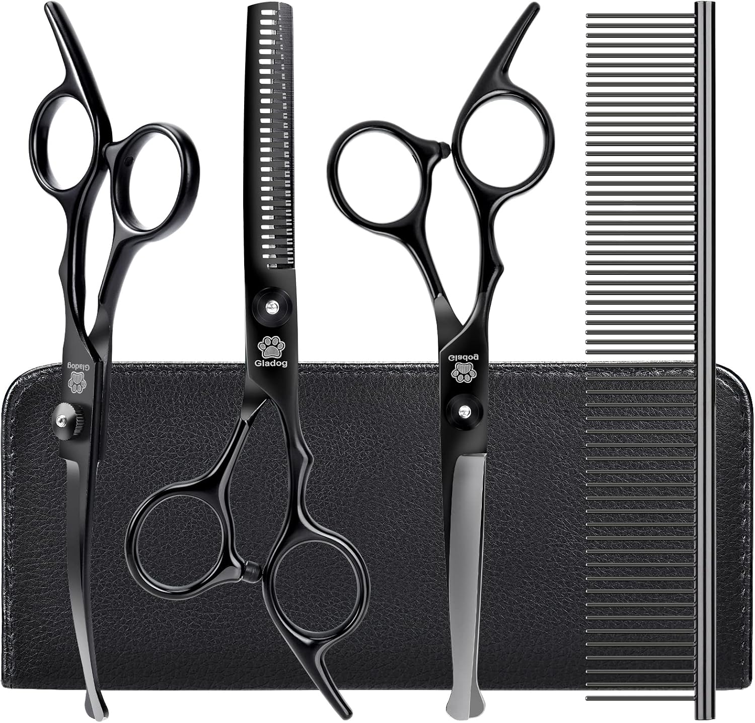 GLADOG Kit Tijeras de Grooming 5 en 1 para Perros y Gatos | Tijeras de Acero Inoxidable con Puntas Redondeadas + Peine y Estuche