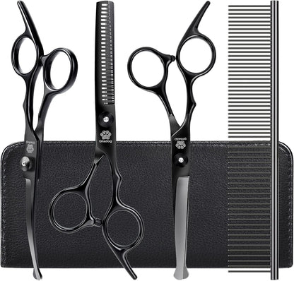 GLADOG Kit Tijeras de Grooming 5 en 1 para Perros y Gatos | Tijeras de Acero Inoxidable con Puntas Redondeadas + Peine y Estuche